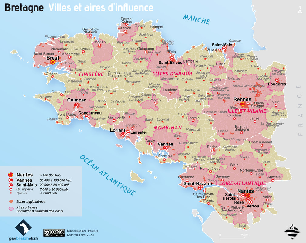 Map of Biggest Cities of Brittany, France